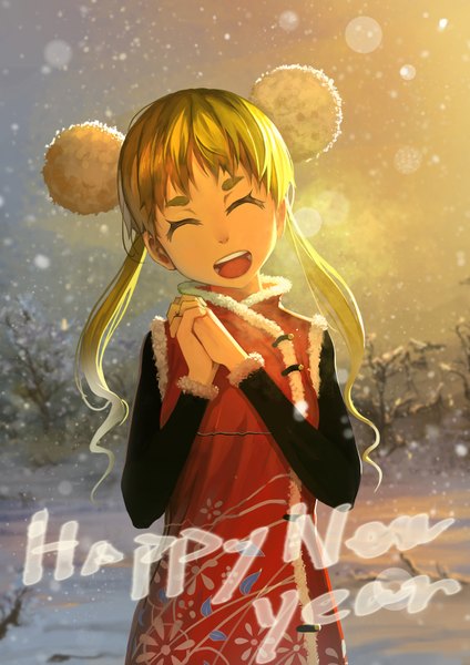 Anime picture 2480x3507 with original lu ying single long hair tall image highres open mouth blonde hair smile twintails eyes closed snowing winter happy new year girl hair ornament