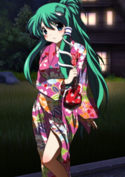 Anime picture 904x1280 with touhou kochiya sanae yadokari genpachirou single long hair tall image looking at viewer blush blue eyes ponytail traditional clothes japanese clothes green hair night girl hair ornament kimono hair tubes kinchaku