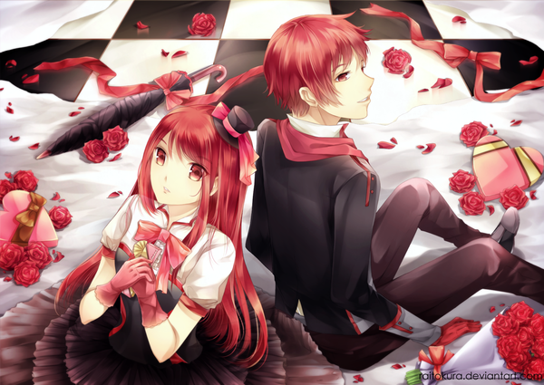 Anime picture 1377x977 with original raitokura (artist) long hair short hair red eyes red hair looking back checkered floor closed umbrella girl dress boy gloves flower (flowers) hat petals heart bowtie rose (roses) umbrella