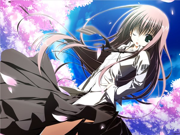 Anime picture 1600x1200 with sakura no uta long hair brown hair green eyes one eye closed wink cherry blossoms skirt lift wind lift skirt shirt necktie barcode