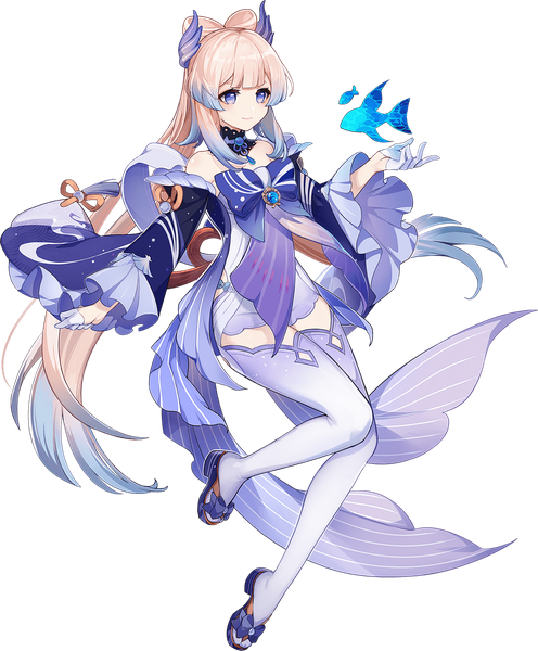 Anime picture 1195x1447 with genshin impact sangonomiya kokomi single tall image smile purple eyes looking away pink hair full body bent knee (knees) very long hair official art outstretched arm transparent background girl thighhighs gloves bow detached sleeves animal