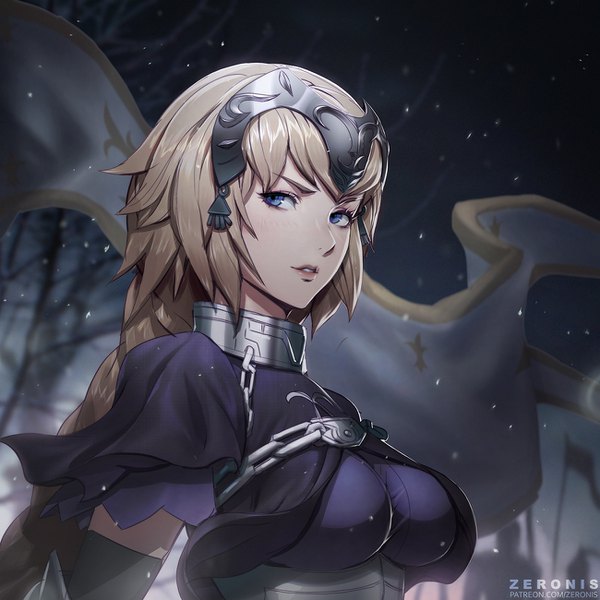 Anime picture 1300x1300 with fate (series) fate/apocrypha jeanne d'arc (fate) (all) jeanne d'arc (fate) paul (shiramune) single long hair looking at viewer breasts blue eyes blonde hair large breasts signed upper body braid (braids) parted lips realistic depth of field single braid girl