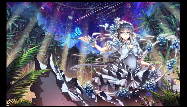 Anime picture 1749x1000 with original glycyrrhizae single long hair highres black hair wide image sky light girl dress hair ornament plant (plants) insect butterfly star (stars) wrist cuffs