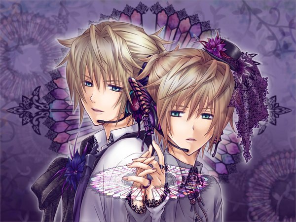 Anime picture 1024x768 with vocaloid kagamine len shirano (artist) short hair open mouth blue eyes blonde hair green eyes wallpaper holding hands back to back dual persona purple background boy flower (flowers) hat necktie headphones insect butterfly