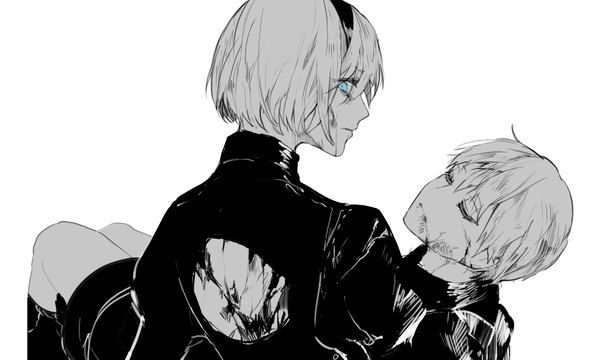 Anime picture 2000x1200 with nier nier:automata yorha no. 2 type b yorha no. 9 type s pullssack looking at viewer highres short hair blue eyes wide image eyes closed profile looking back tears torn clothes monochrome crying blood on face spot color death