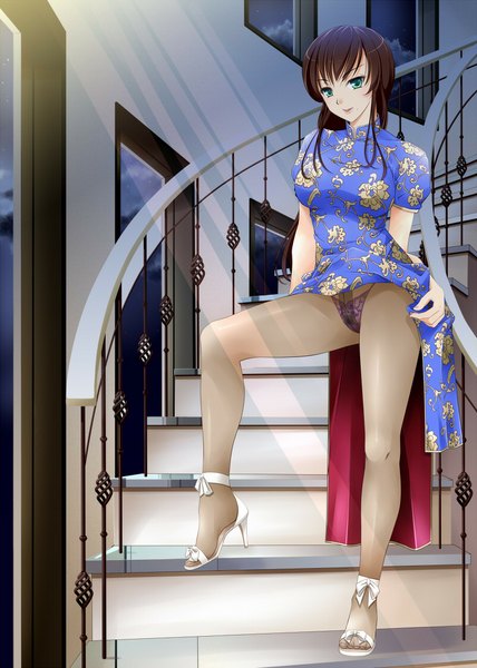 Anime picture 800x1122 with original hiyoko daiou single long hair tall image blue eyes light erotic brown hair chinese clothes girl underwear panties pantyhose window chinese dress stairs