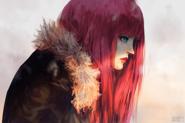 Anime picture 1200x800 with vocaloid megurine luka dotentity single long hair fringe open mouth blue eyes pink hair profile inscription teeth lipstick eyeshadow girl fur winter clothes