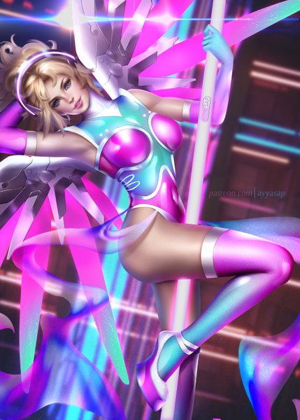 Anime picture 4000x5599 with overwatch blizzard entertainment mercy (overwatch) ayyasap single tall image looking at viewer fringe highres short hair breasts blue eyes light erotic blonde hair large breasts standing signed absurdres head tilt realistic