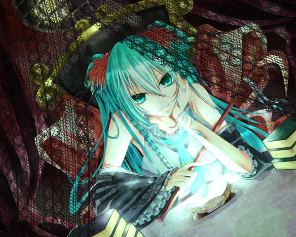 Anime picture 1000x801 with vocaloid hatsune miku antiqua c single looking at viewer twintails very long hair aqua eyes light smile aqua hair girl detached sleeves book (books)