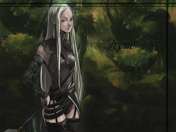 Anime picture 1024x768 with claymore madhouse irene single long hair blonde hair white hair very long hair pointy ears grey eyes girl sword