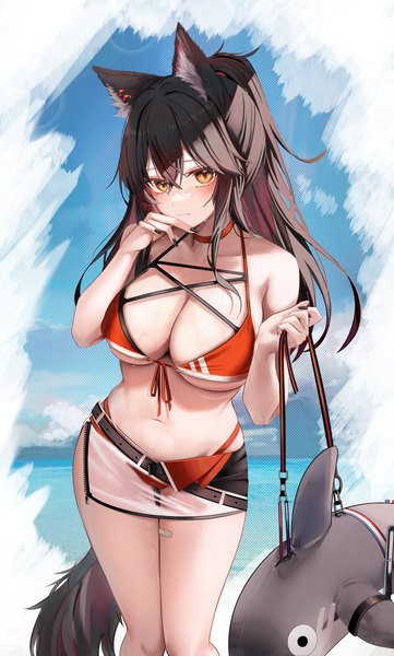 Anime picture 3139x5216 with arknights texas (arknights) ru zhai single long hair tall image looking at viewer blush fringe highres breasts light erotic black hair hair between eyes large breasts standing holding animal ears yellow eyes absurdres