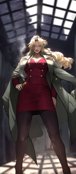 Anime picture 2700x6200 with black lagoon madhouse balalaika (black lagoon) yoshio (55level) single long hair tall image looking at viewer fringe highres breasts blue eyes blonde hair standing holding cleavage indoors long sleeves nail polish fingernails