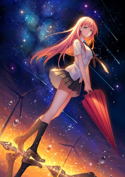 Anime picture 1000x1414 with original niya tidsean single long hair tall image looking at viewer orange hair night night sky heterochromia closed umbrella meteor rain girl skirt shirt socks necktie black socks star (stars)