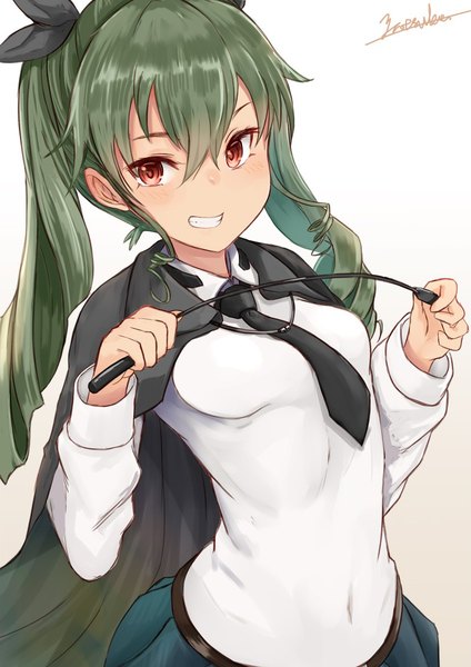 Anime picture 827x1169 with girls und panzer anchovy (girls und panzer) yatsuka (846) single long hair tall image blush fringe simple background hair between eyes red eyes twintails signed looking away upper body green hair from above gradient background drill hair clenched teeth