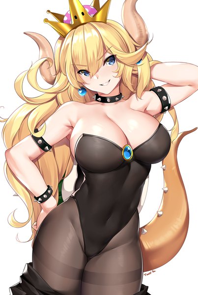 Anime picture 807x1200 with super mario bros. new super mario bros. u deluxe bowsette tony guisado single long hair tall image looking at viewer blush fringe breasts blue eyes light erotic simple background smile hair between eyes large breasts white background signed cleavage