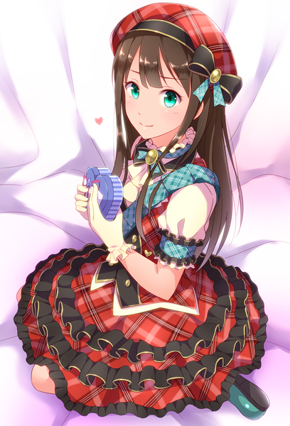 Anime picture 681x1000 with idolmaster idolmaster cinderella girls shibuya rin aireenhp single long hair tall image looking at viewer blush smile brown hair holding green eyes pure valentine girl dress gloves frills white gloves beret