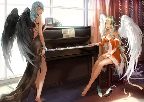 Anime picture 1200x854 with original ddongu long hair blue eyes blonde hair red eyes sitting bare shoulders multiple girls blue hair barefoot pointy ears girl dress 2 girls detached sleeves wings feather (feathers) piano