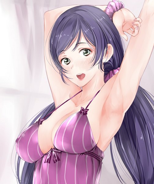 Anime picture 998x1187 with love live! school idol project sunrise (studio) love live! toujou nozomi tsukino wagamo long hair tall image looking at viewer blush fringe breasts open mouth blue eyes light erotic large breasts twintails blue hair armpit (armpits) low twintails girl