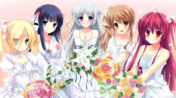 Anime picture 2560x1440 with love la bride sakuranomori misaki omigawa hitomi yuki nao sasha (lovera bride) mikami haruka takano yuki (allegro mistic) mutou kurihito long hair blush highres open mouth blue eyes blonde hair smile red eyes brown hair wide image purple eyes bare shoulders