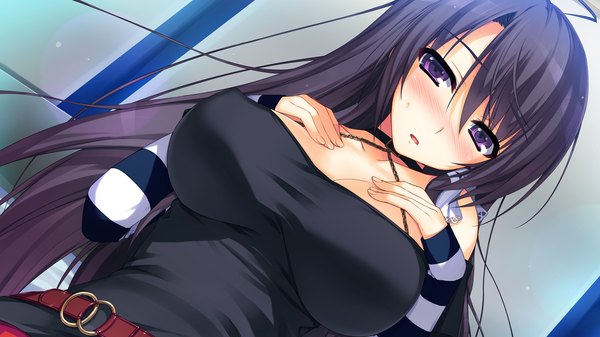 Anime picture 2560x1440 with reminiscence mizuno rin tomose shunsaku single long hair looking at viewer blush highres breasts open mouth light erotic black hair wide image large breasts purple eyes bare shoulders game cg cleavage girl hair ornament