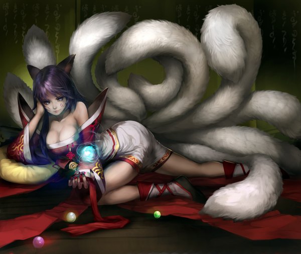 Anime picture 1680x1414 with league of legends ahri (league of legends) youshun (naturaljuice) single long hair breasts light erotic purple eyes bare shoulders animal ears purple hair nail polish animal tail magic facial mark reclining multiple tails whisker markings girl skirt