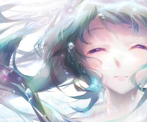 Anime picture 1000x833 with vocaloid hatsune miku yuket single long hair blush fringe simple background smile white background green eyes payot upper body eyes closed parted lips lips aqua hair floating hair underwater girl