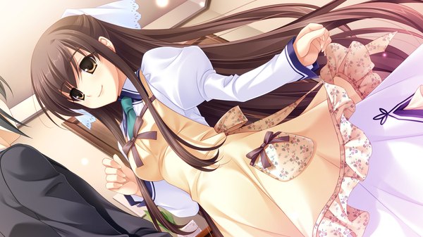 Anime picture 2048x1152 with midori no umi yukie (peach candy) long hair highres black hair wide image brown eyes game cg girl dress apron
