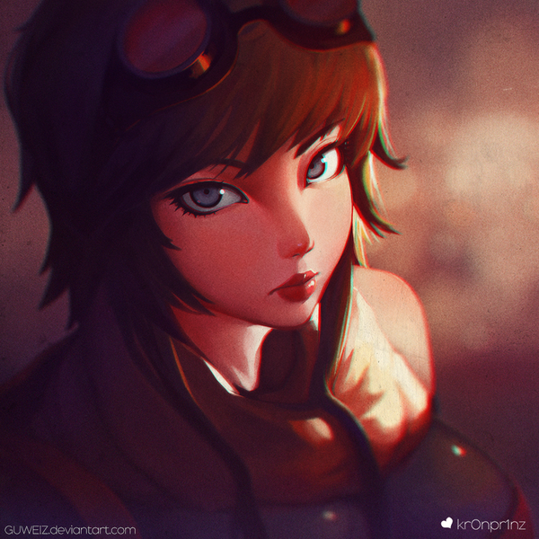 Anime picture 900x900 with guweiz single looking at viewer fringe short hair blue eyes brown hair bare shoulders signed from above close-up goggles on head steam punk ilya kuvshinov (style) girl goggles