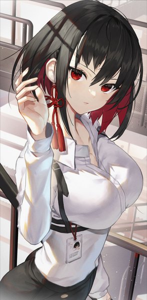 Anime picture 1280x2614 with original scottie (phantom2) single tall image looking at viewer fringe short hair breasts black hair hair between eyes red eyes large breasts standing long sleeves head tilt multicolored hair arm up mole two-tone hair mole under eye
