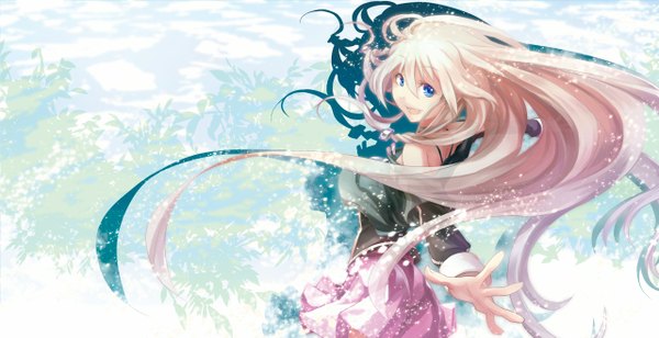 Anime picture 1280x659 with vocaloid ia (vocaloid) k2pudding single long hair open mouth blue eyes blonde hair wide image looking back spread arms girl