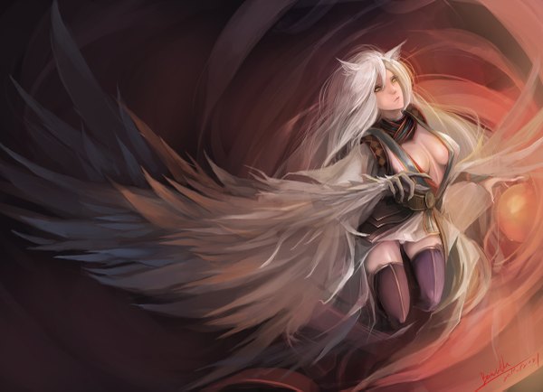 Anime picture 1200x869 with tagme (copyright) bamuth single long hair light erotic signed animal ears yellow eyes cleavage white hair very long hair cat ears zettai ryouiki girl ribbon (ribbons) wings
