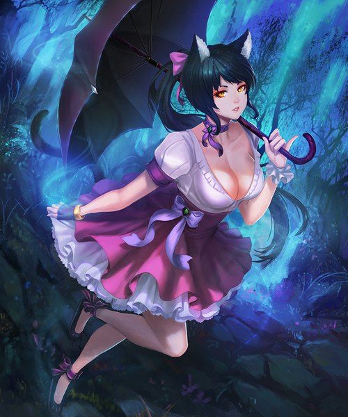 Anime picture 833x1000 with to the world chaosringen single long hair tall image looking at viewer fringe breasts black hair large breasts animal ears bent knee (knees) ponytail tail animal tail from above cat ears realistic cat girl cat tail