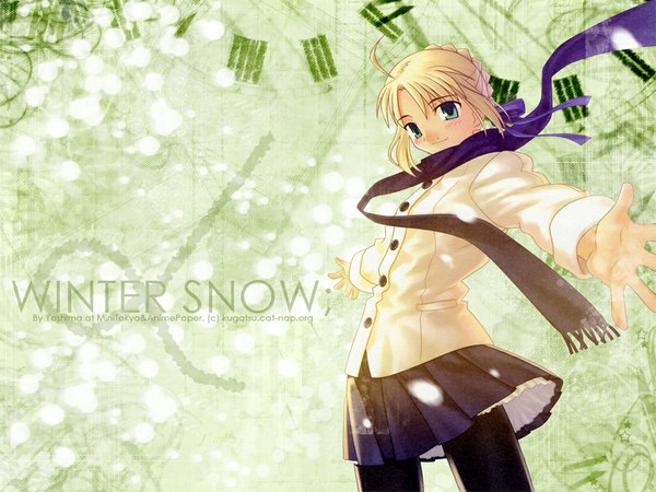 Anime picture 1024x768 with fate (series) fate/stay night studio deen type-moon artoria pendragon (all) saber single looking at viewer short hair blue eyes blonde hair ahoge braid (braids) snowing spread arms mountain girl skirt scarf coat
