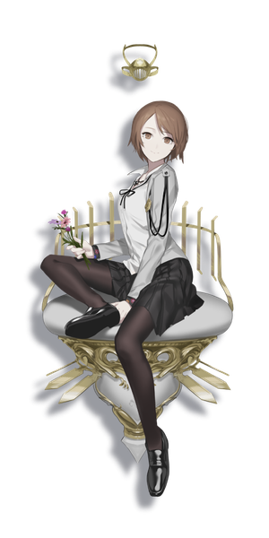 Anime picture 512x1024 with caligula shinohara mifue oguchi (sugimoto gang) single tall image looking at viewer fringe short hair smile brown hair sitting holding brown eyes full body official art transparent background girl thighhighs skirt uniform