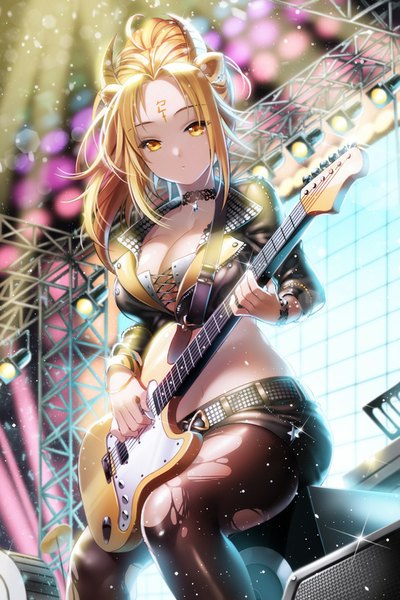 Anime-Bild 640x960 mit original aile (crossroads) single long hair tall image looking at viewer breasts blonde hair large breasts sitting yellow eyes bent knee (knees) ponytail horn (horns) bare belly from below facial mark light torn pantyhose girl