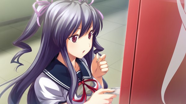 Anime picture 1280x720 with izuna zanshinken (game) long hair black hair red eyes wide image game cg girl uniform school uniform