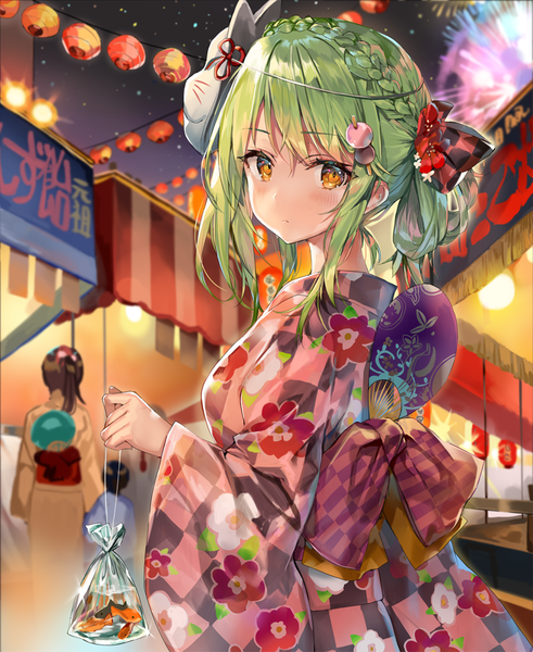 Anime picture 800x978 with original yukari (momoko) momoko (momopoco) long hair tall image looking at viewer blush fringe standing holding brown eyes payot braid (braids) traditional clothes japanese clothes looking back green hair night wide sleeves night sky