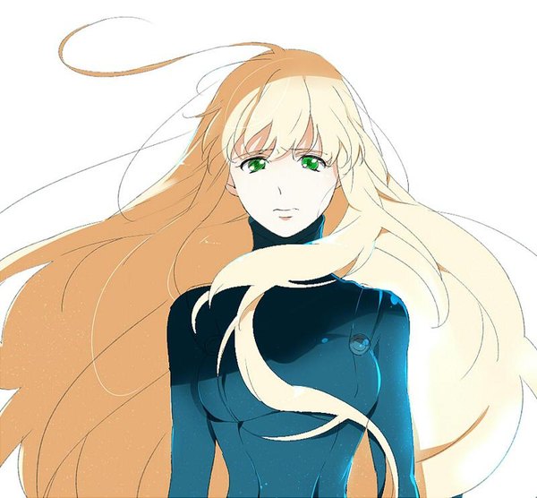 Anime picture 800x742 with aldnoah.zero a-1 pictures asseylum vers allusia amy26 single long hair looking at viewer fringe breasts simple background blonde hair hair between eyes white background green eyes upper body ahoge floating hair sad girl bodysuit