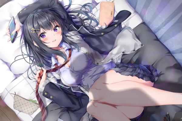 Anime picture 2016x1336 with original kuria (clear trip second) single long hair looking at viewer blush fringe highres breasts open mouth light erotic black hair smile purple eyes holding cleavage indoors lying long sleeves :d