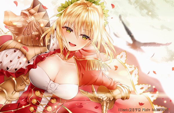 Anime picture 4000x2600 with fate (series) fate/extra nero claudius (fate) (all) nero claudius (fate) junpaku karen single looking at viewer blush fringe highres short hair breasts open mouth light erotic blonde hair hair between eyes large breasts green eyes signed absurdres