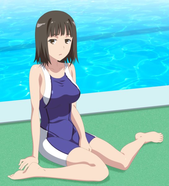Anime picture 1090x1200 with to aru majutsu no index j.c. staff takitsubo rikou smile (rz) single tall image looking at viewer short hair open mouth light erotic black hair brown eyes girl swimsuit one-piece swimsuit pool