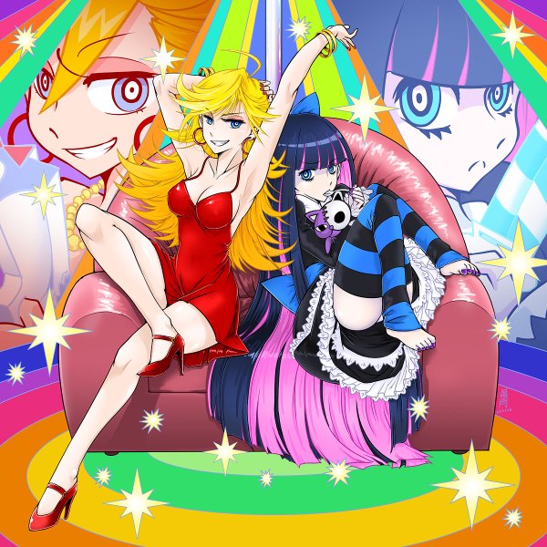 Anime picture 1200x1200 with panty & stocking with garterbelt anarchy stocking anarchy panty antaria blonde hair smile multiple girls ahoge multicolored hair barefoot colored inner hair back to back pole dancing colored girl thighhighs dress weapon 2 girls earrings