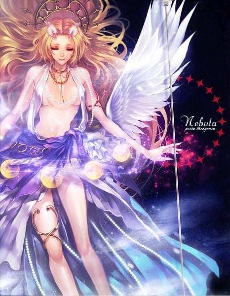 Anime picture 840x1080 with original mypower_53mnds single long hair tall image breasts light erotic blonde hair large breasts bare shoulders eyes closed bare belly magic white wings girl hair ornament wings choker star (stars) jewelry