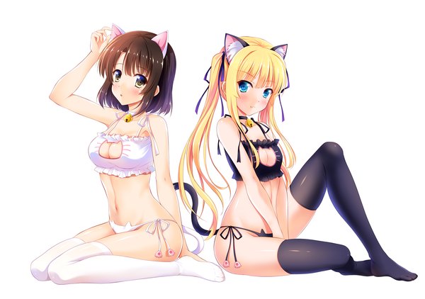 Anime picture 1800x1266 with saenai heroine no sodatekata a-1 pictures katou megumi sawamura spencer eriri bashen chenyue long hair blush highres short hair blue eyes light erotic simple background blonde hair brown hair white background twintails multiple girls animal ears yellow eyes tail