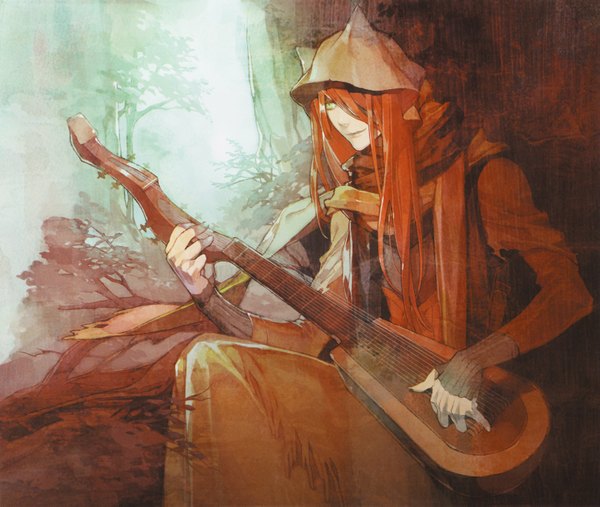 Anime picture 3221x2725 with lamento nitro+chiral kautai long hair fringe highres green eyes animal ears absurdres red hair hair over one eye boy plant (plants) tree (trees) scarf hood branch musical instrument