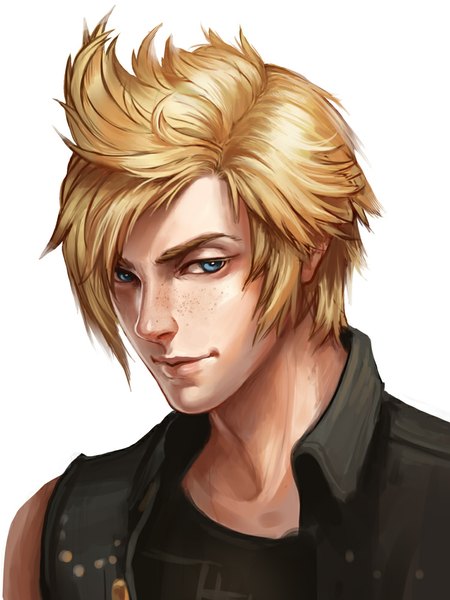 Anime picture 750x1000 with final fantasy final fantasy xv square enix prompto argentum wishfulpotato single tall image looking at viewer short hair blue eyes simple background blonde hair white background bare shoulders portrait spiked hair boy