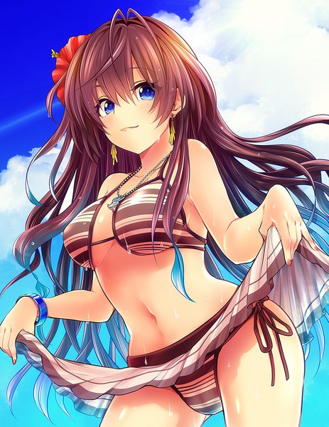 Anime picture 800x1035 with idolmaster idolmaster cinderella girls ichinose shiki ty 1865 single long hair tall image looking at viewer fringe breasts blue eyes light erotic hair between eyes brown hair standing blue hair sky cloud (clouds) ahoge hair flower