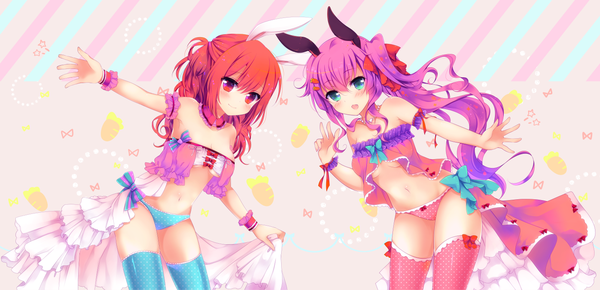 Anime picture 1434x694 with original ichiyou moka long hair blush open mouth light erotic smile red eyes wide image multiple girls animal ears purple hair red hair aqua eyes armpit (armpits) bunny ears victory girl thighhighs navel