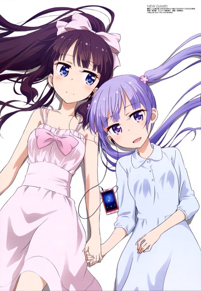 Anime picture 4101x5930 with new game! megami magazine doga kobo suzukaze aoba takimoto hifumi kikuchi ai long hair tall image blush highres open mouth blue eyes simple background white background purple eyes twintails multiple girls blue hair absurdres purple hair