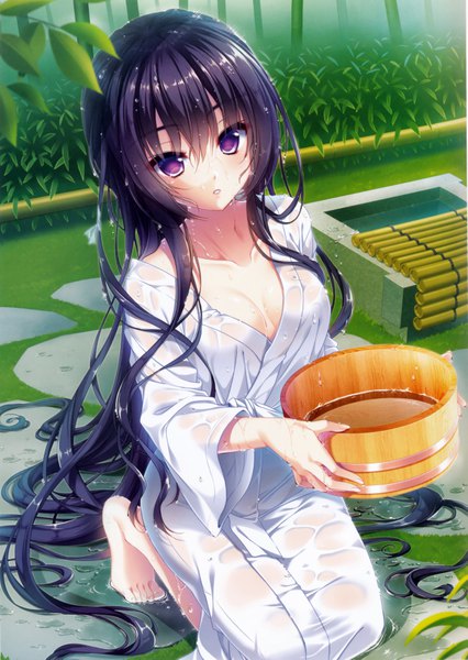 Anime picture 4953x6979 with original suzushiro atsushi single tall image looking at viewer blush highres light erotic black hair purple eyes absurdres very long hair traditional clothes japanese clothes scan wet clothes girl water kimono